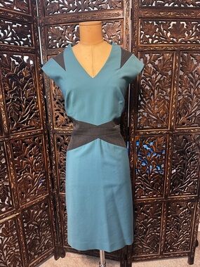 Antonio Melani Size 14 Teal and Charcoal V-Neck Sheath Dress